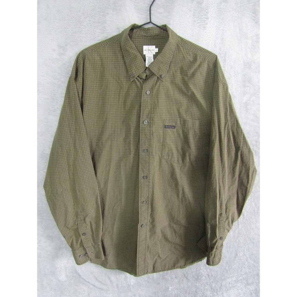 Calvin Klein Jeans Mens Long Sleeve Button Down Shirt Size‎ L Olive Plaid Cotton